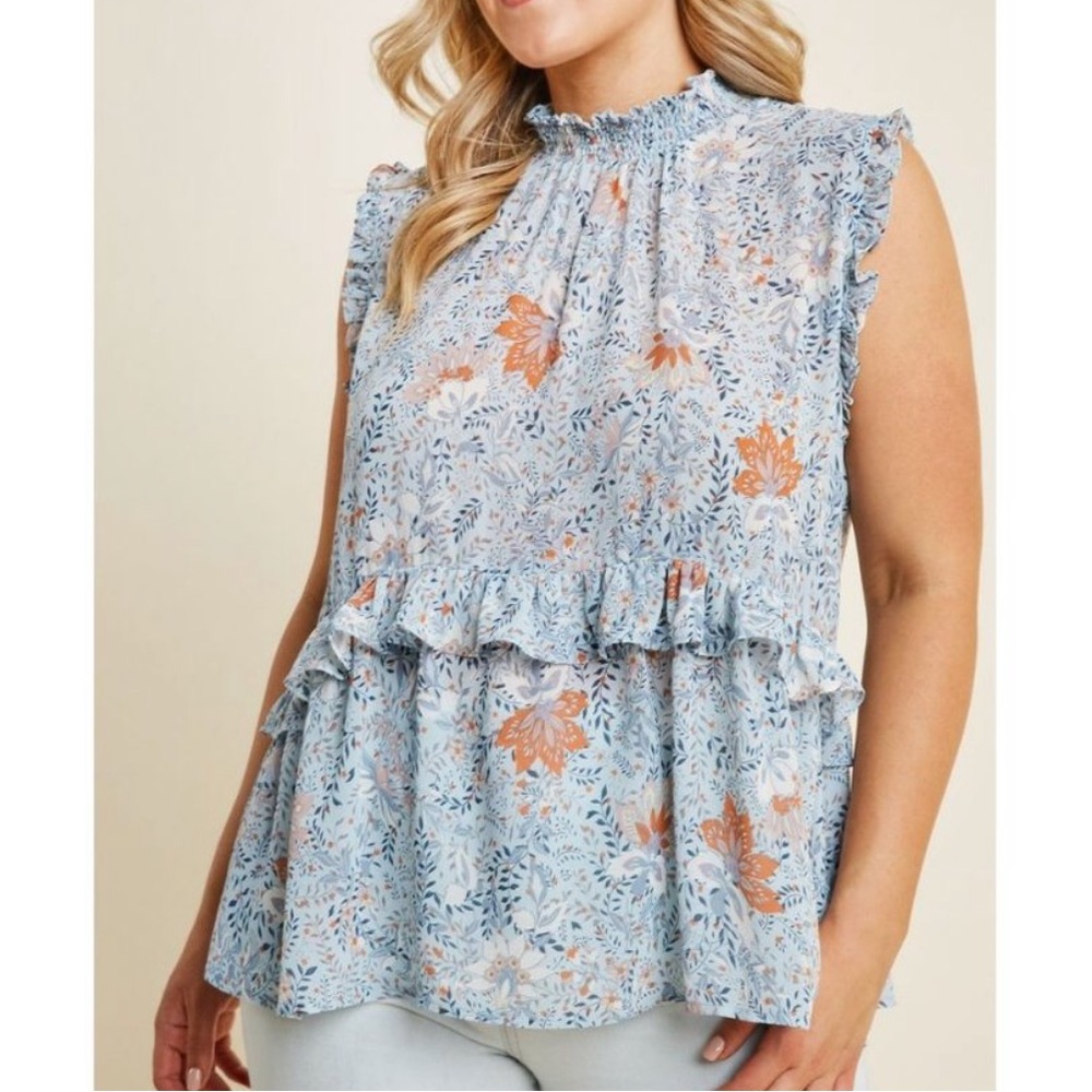 Hayden Floral High Neck Ruffle Top In Blue Mix. NWT! Sz 1X